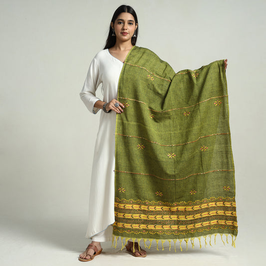 Green - Bengal Kantha Embroidery Khes Handwoven Cotton Dupatta with Tassels 48
