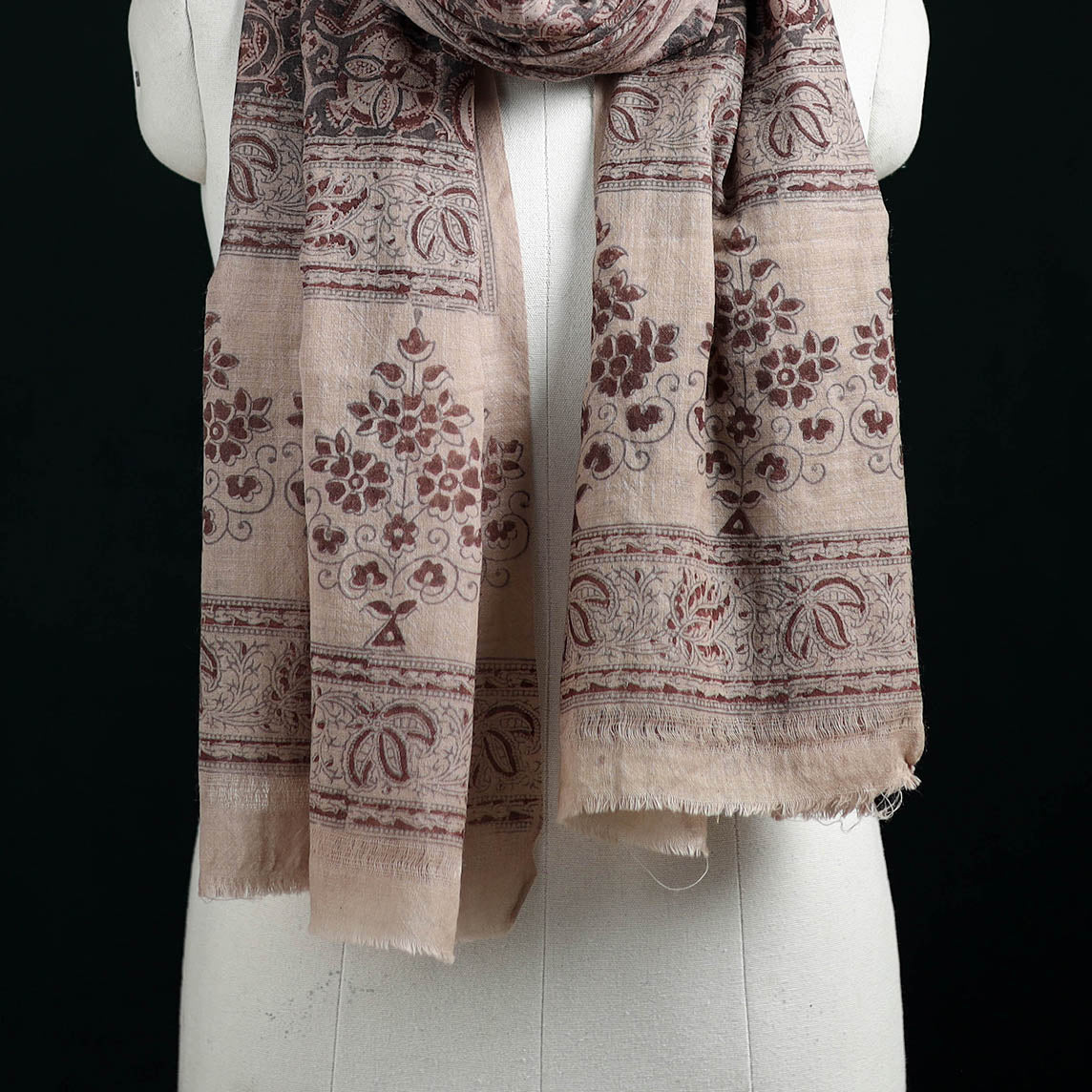 Pure Merino Wool Stole in Pedana Kalamkari Block Prints 01