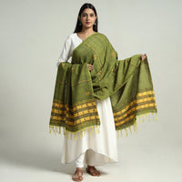 Green - Bengal Kantha Embroidery Khes Handwoven Cotton Dupatta with Tassels 48