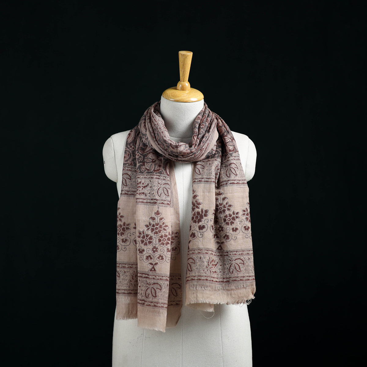 Pure Merino Wool Stole in Pedana Kalamkari Block Prints 01
