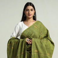 Green - Bengal Kantha Embroidery Khes Handwoven Cotton Dupatta with Tassels 48