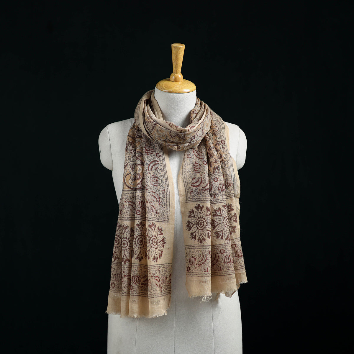 Pure Merino Wool Stole in Pedana Kalamkari Block Prints 02