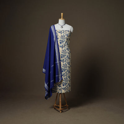 Sanganeri Block Print Cotton Unstitched Dress Material: Kurta, Bottom & Dupatta with Jewellery 33