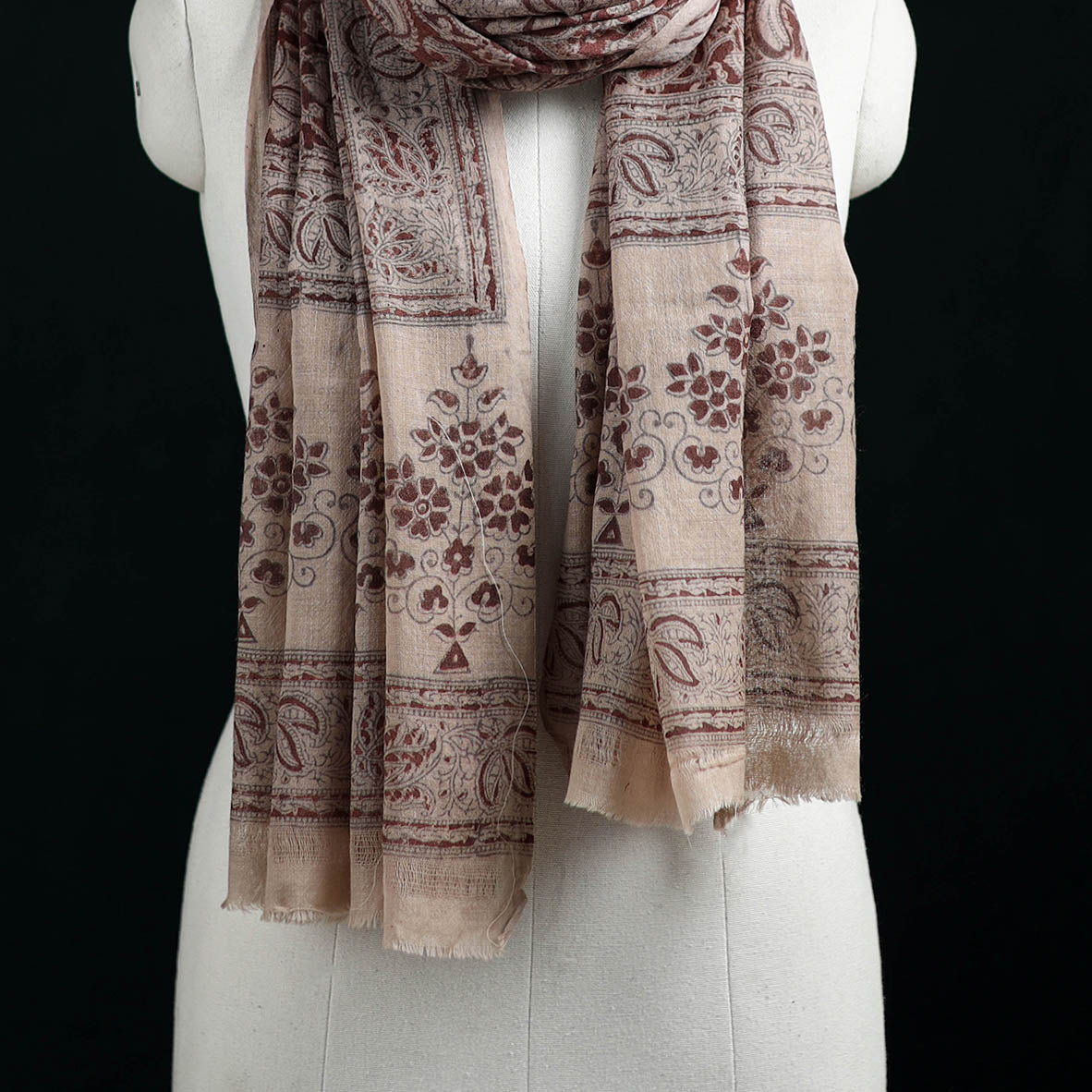 Pure Merino Wool Stole in Pedana Kalamkari Block Prints 04