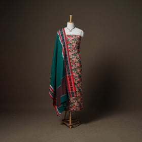 Sanganeri Block Print Cotton Unstitched Dress Material: Kurta, Bottom & Dupatta with Jewellery 34