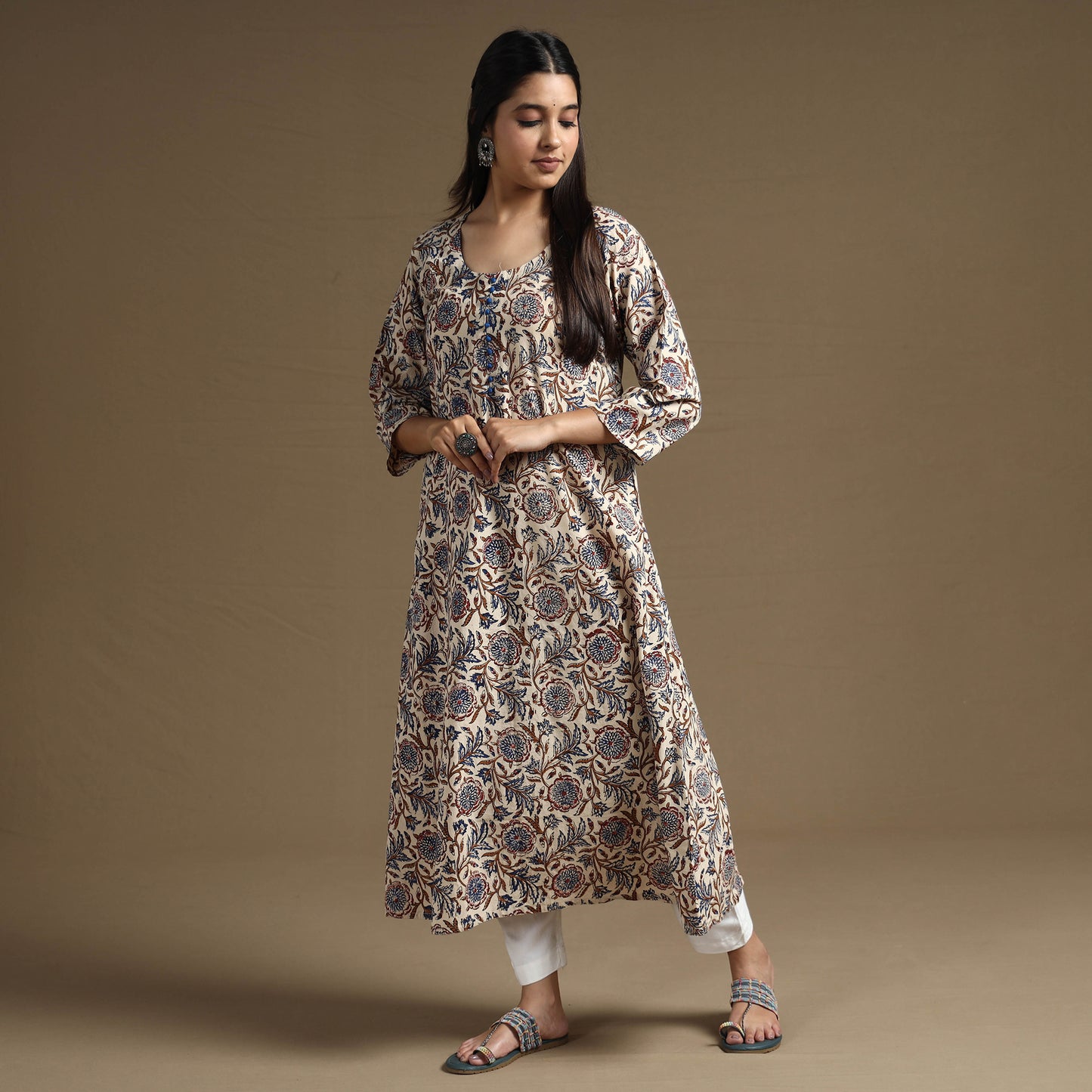 Beige - Bagru Hand Block Printed Cotton Long Kurta