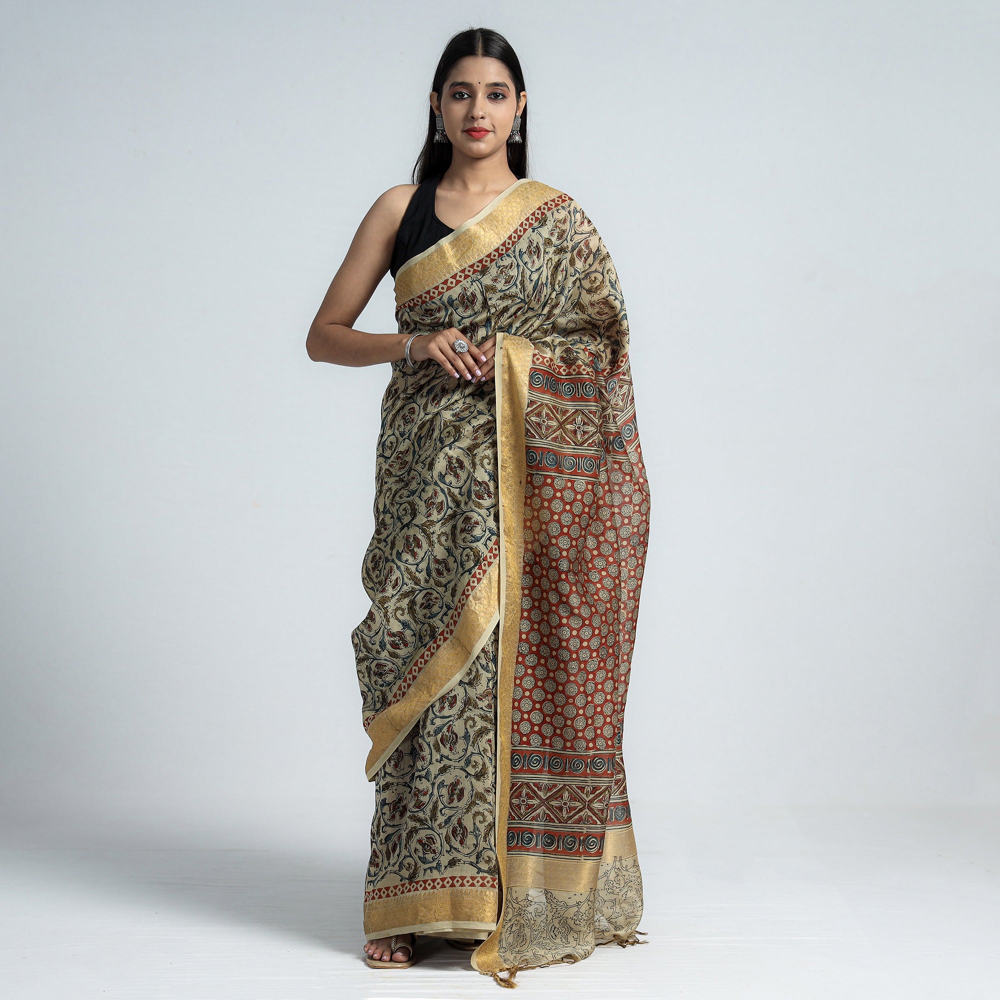 Buy Soch Womens Mustard Crepe Floral Kalamkari Print Zari Border Saree with  Unstitched Blouse online