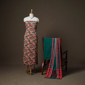 Sanganeri Block Print Cotton Unstitched Dress Material: Kurta, Bottom & Dupatta with Jewellery 34
