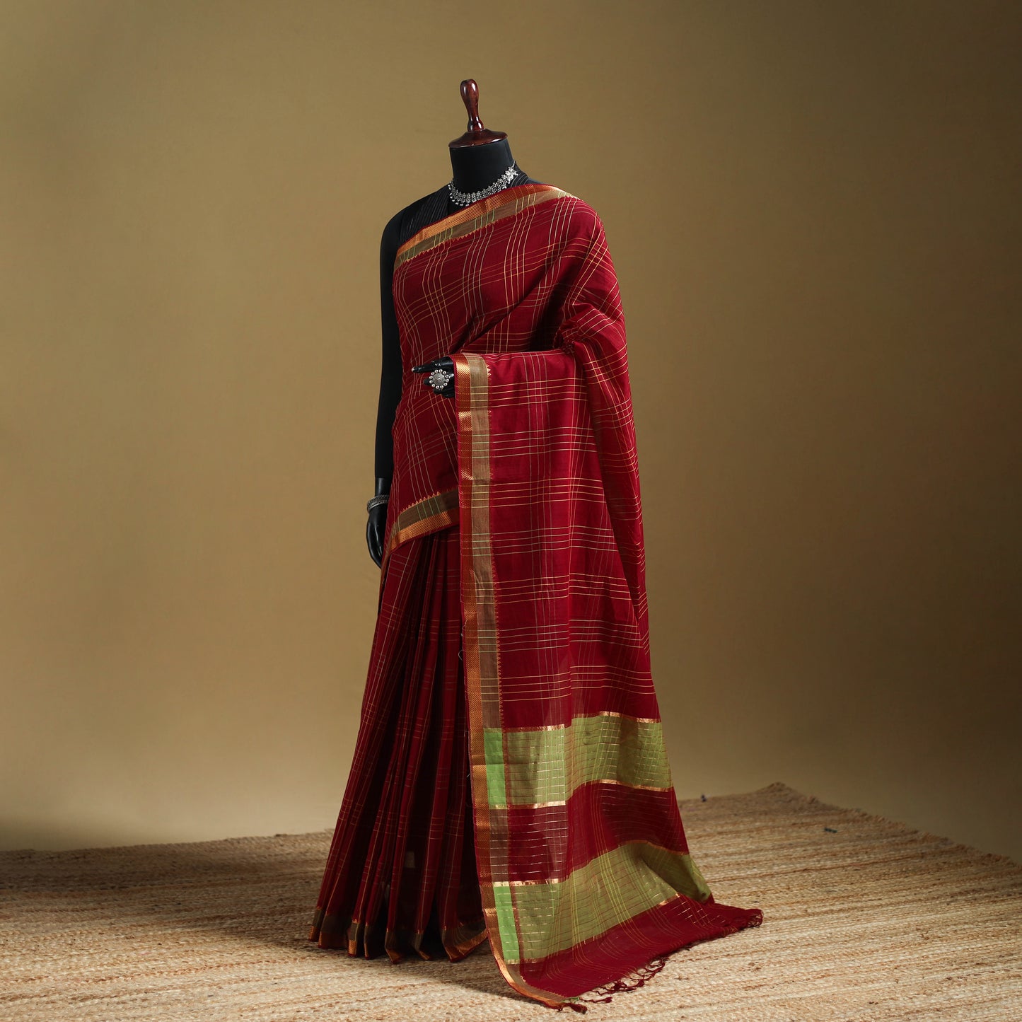 Maroon - Pure Handwoven Zari Checks Mangalagiri Cotton Saree 30
