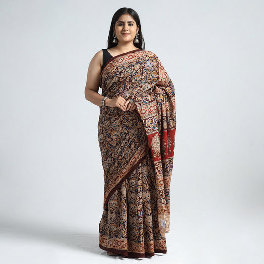 Maroon - Pedana Kalamkari Block Printed Cotton Saree with Blouse Piece 24