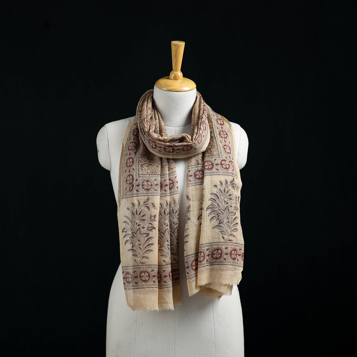 Pure Merino Wool Stole in Pedana Kalamkari Block Prints 11