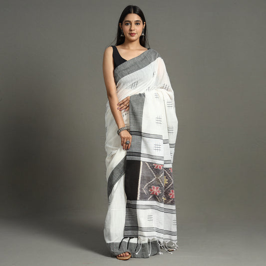 White - Begampuri Handloom Cotton Saree with Ikat Border 02