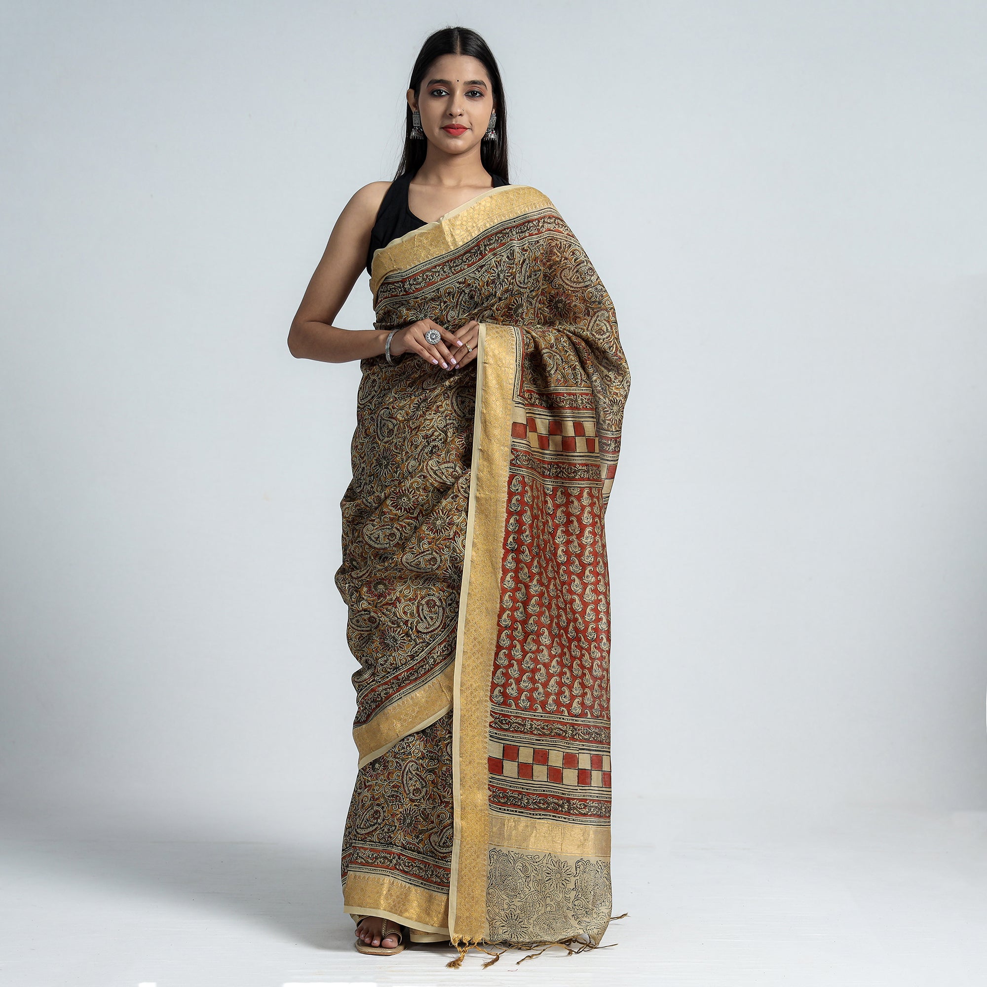 Blue Cotton Ikat checks saree with beautiful combination of Kalamkari –  Sujatra