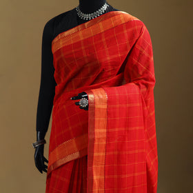 Red - Pure Handwoven Zari Checks Mangalagiri Cotton Saree 31