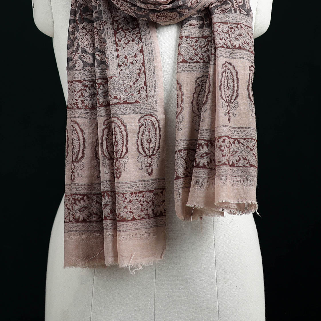 Pure Merino Wool Stole in Pedana Kalamkari Block Prints 15