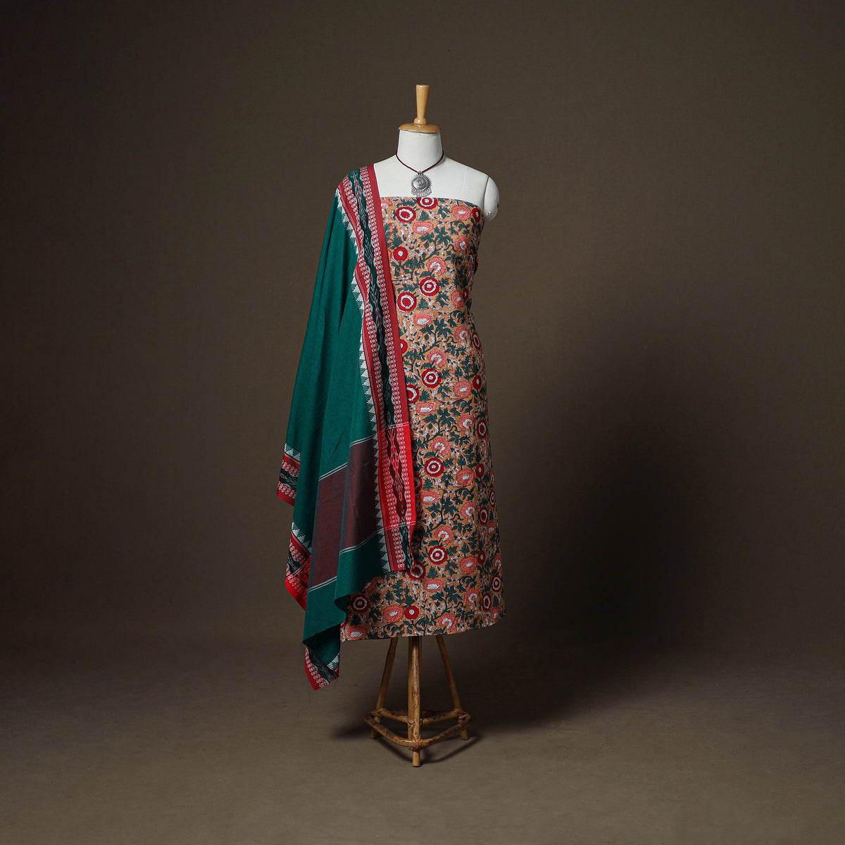 Sanganeri Block Print Cotton Unstitched Dress Material: Kurta, Bottom & Dupatta with Jewellery 35