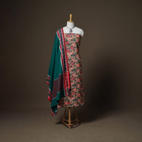 Sanganeri Block Print Cotton Unstitched Dress Material: Kurta, Bottom & Dupatta with Jewellery 35