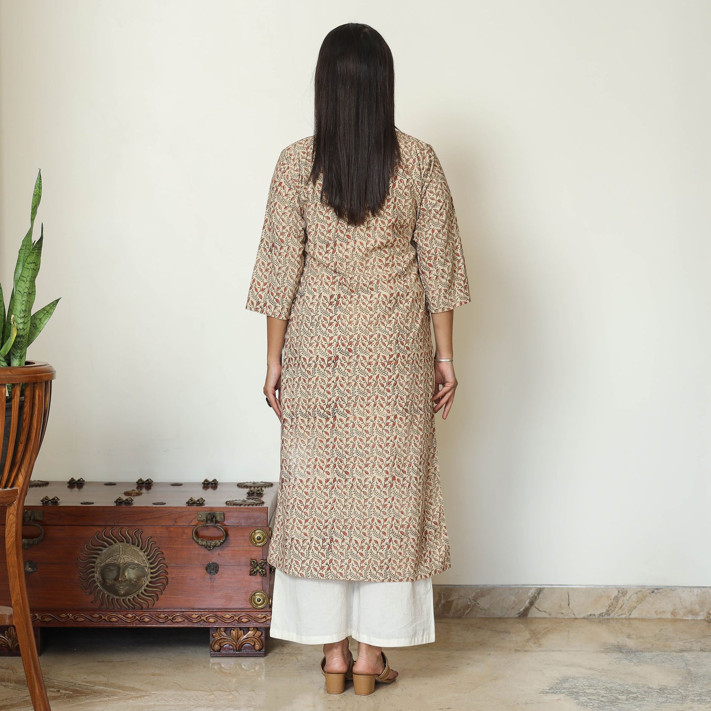 Beige - Pedana Kalamkari Hand Block Printed Cotton Straight Kurta 05
