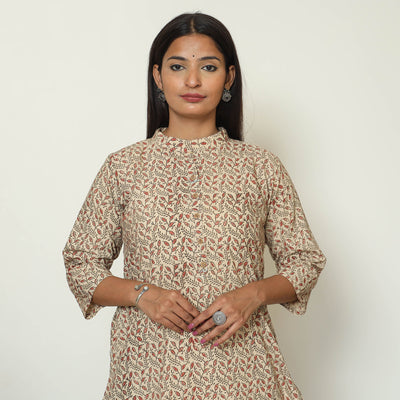 Beige - Pedana Kalamkari Hand Block Printed Cotton Straight Kurta 05