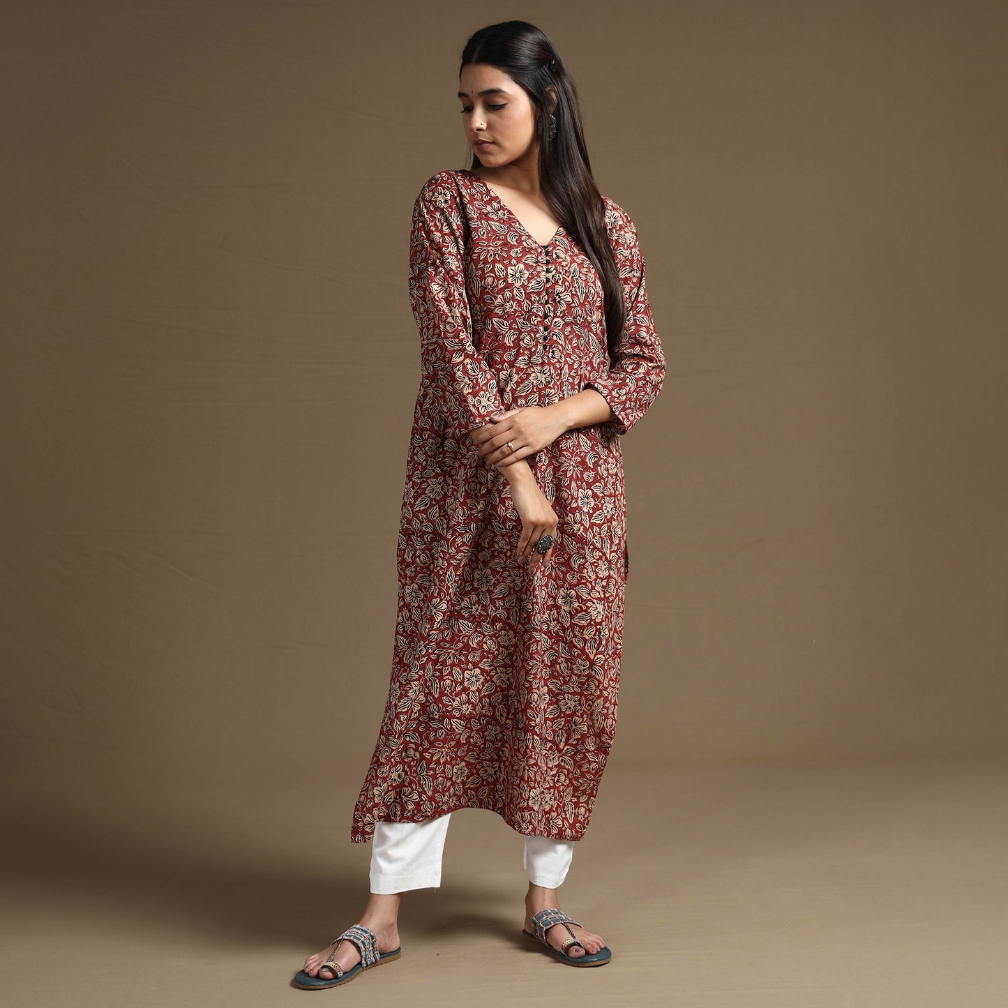 Red - Bagru Hand Block Printed Cotton Long Straight Kurta