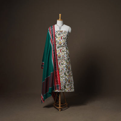 Sanganeri Block Print Cotton Unstitched Dress Material: Kurta, Bottom & Dupatta with Jewellery 36
