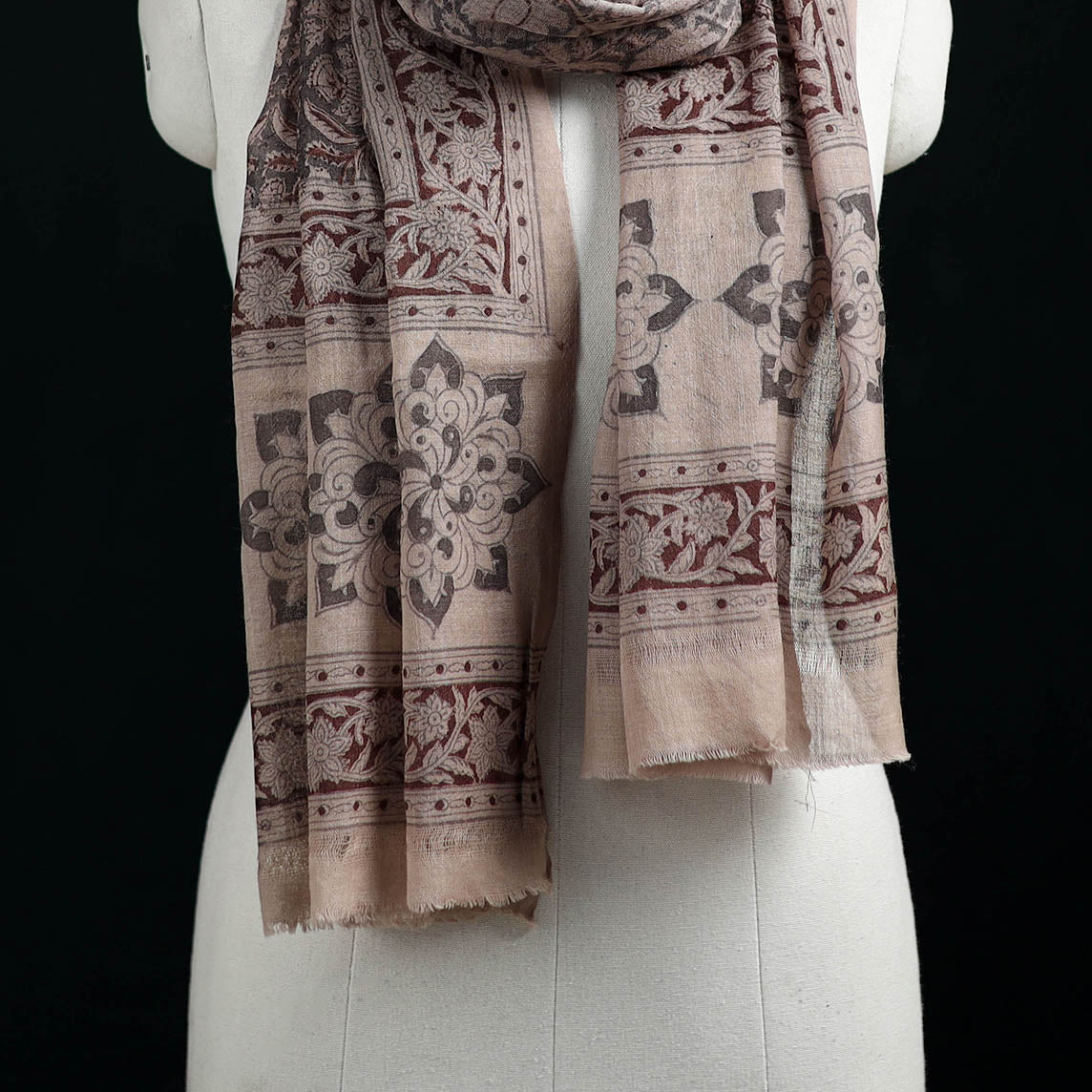 Pure Merino Wool Stole in Pedana Kalamkari Block Prints 19