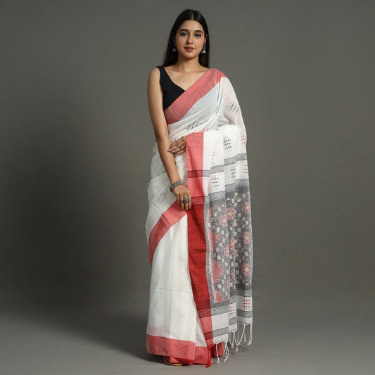 White - Begampuri Handloom Cotton Saree with Ikat Border 03
