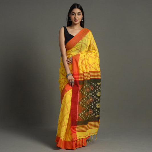 Yellow - Begampuri Handloom Cotton Saree with Ikat Border 04