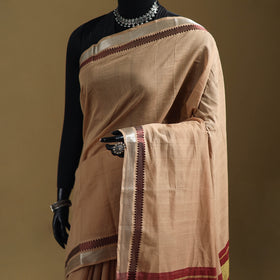 Beige - Pure Handwoven Mangalagiri Cotton Saree with Zari Border 34