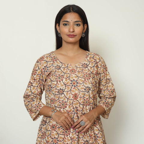 Beige - Pedana Kalamkari Hand Block Printed Cotton A-Line Kurta 07