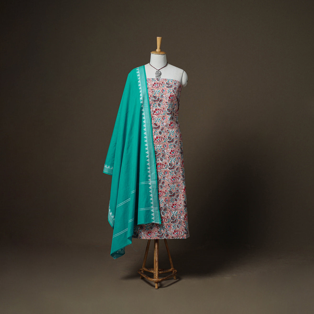 Sanganeri Block Print Cotton Unstitched Dress Material: Kurta, Bottom & Dupatta with Jewellery 38