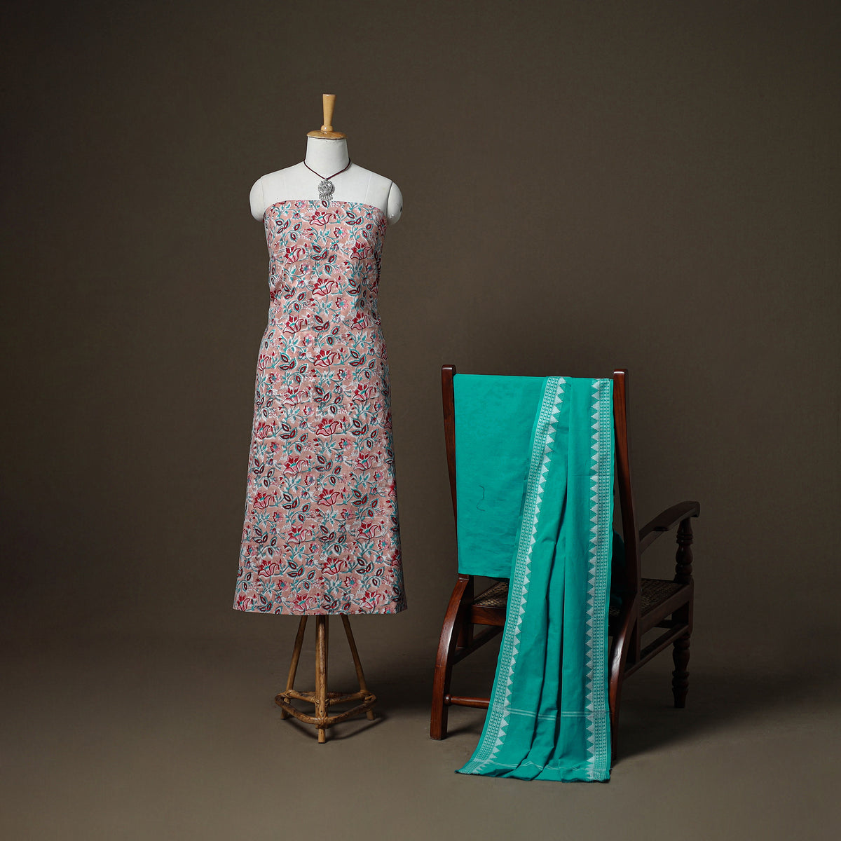 Sanganeri Block Print Cotton Unstitched Dress Material: Kurta, Bottom & Dupatta with Jewellery 38