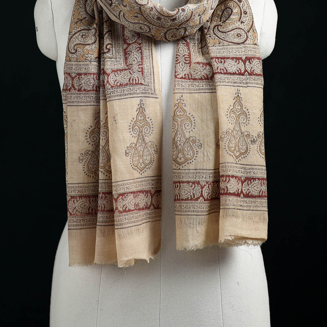 Pure Merino Wool Stole in Pedana Kalamkari Block Prints 37