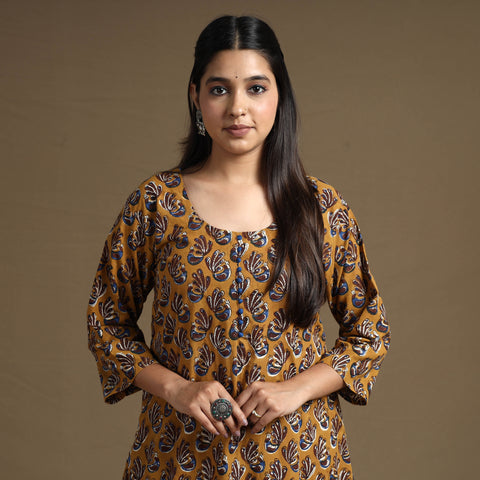 Brown Block Print Natural Dyed Cotton Straight Bagru Kurta