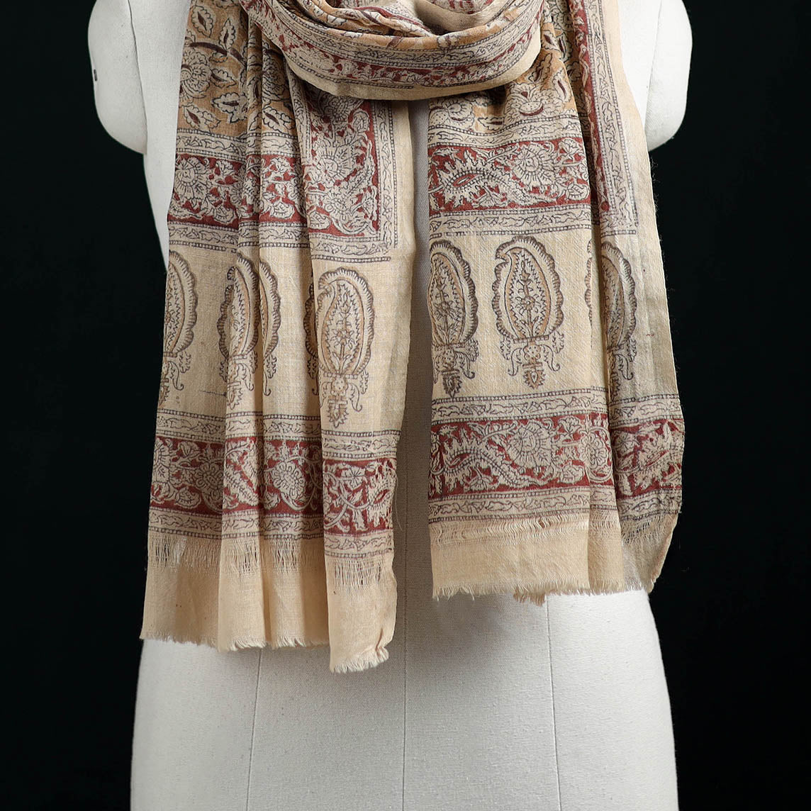 Pure Merino Wool Stole in Pedana Kalamkari Block Prints 40