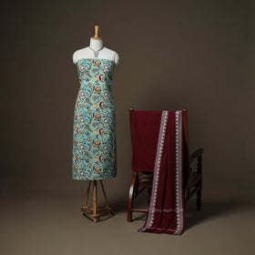 Sanganeri Block Print Cotton Unstitched Dress Material: Kurta, Bottom & Dupatta with Jewellery 39