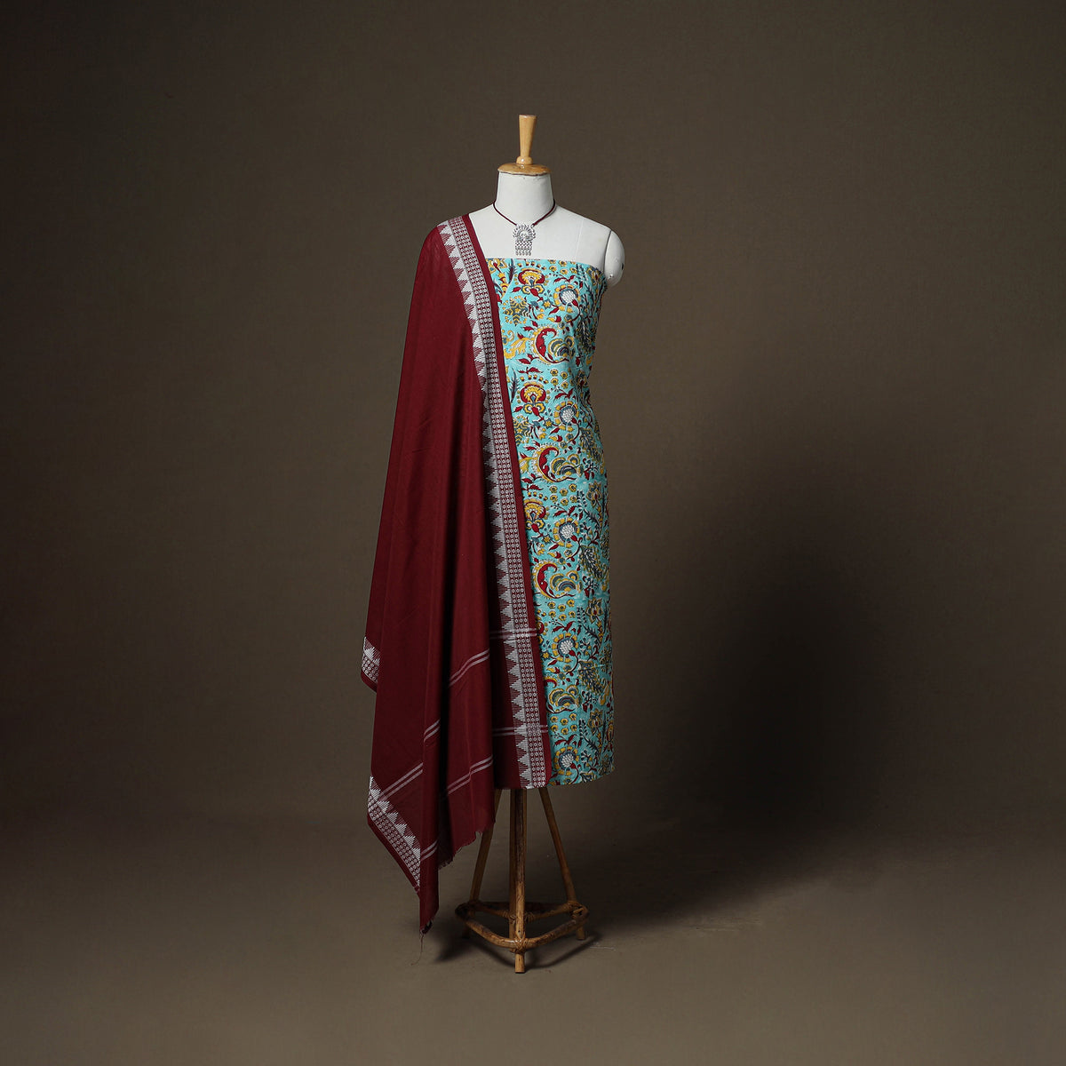 Sanganeri Block Print Cotton Unstitched Dress Material: Kurta, Bottom & Dupatta with Jewellery 39