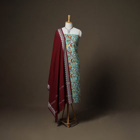 Sanganeri Block Print Cotton Unstitched Dress Material: Kurta, Bottom & Dupatta with Jewellery 39