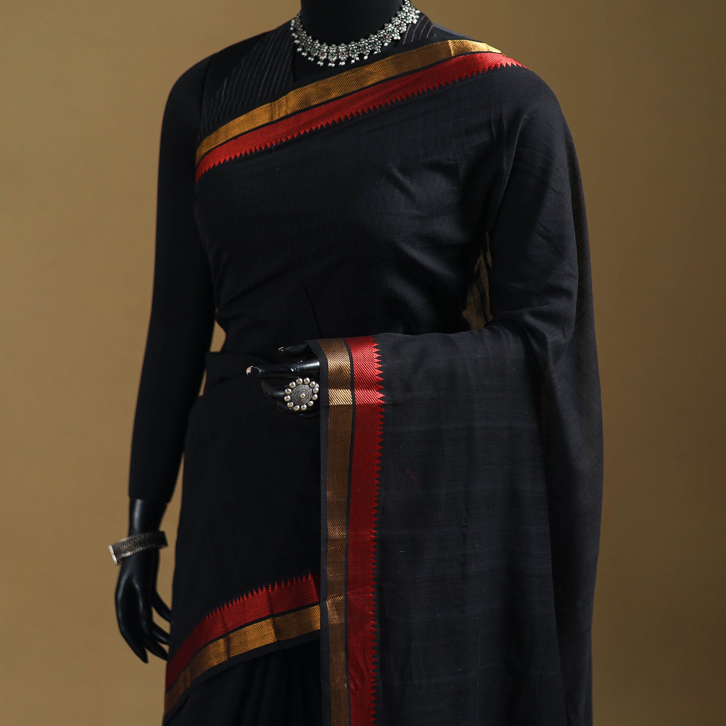 Black - Pure Handwoven Mangalagiri Cotton Saree with Zari Border 37