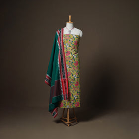 Sanganeri Block Print Cotton Unstitched Dress Material: Kurta, Bottom & Dupatta with Jewellery 40