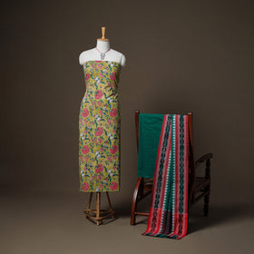 Sanganeri Block Print Cotton Unstitched Dress Material: Kurta, Bottom & Dupatta with Jewellery 40