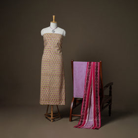 Sanganeri Block Print Cotton Unstitched Dress Material: Kurta, Bottom & Dupatta with Jewellery 41