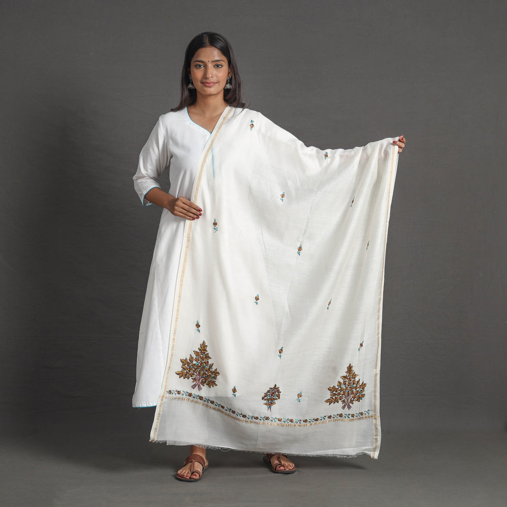 White - Handloom Chanderi Silk Kashida Embroidery Dupatta 01