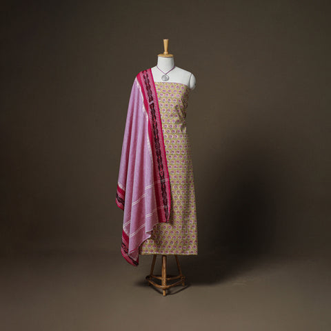 Beige - Sanganeri Block Print Cotton Unstitched Dress Material: Kurta, Bottom & Dupatta with Jewellery 41