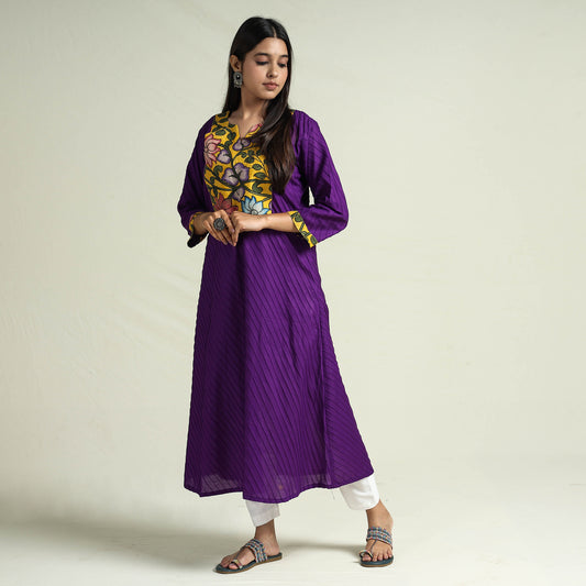 Dark Purple Srikalahasti Kalamkari Patchwork Pintuck Plain Cotton Long kurta