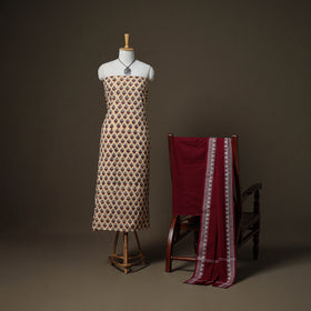 Sanganeri Block Print Cotton Unstitched Dress Material: Kurta, Bottom & Dupatta with Jewellery 43