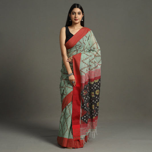 Green - Begampuri Handloom Cotton Saree with Ikat Border 09