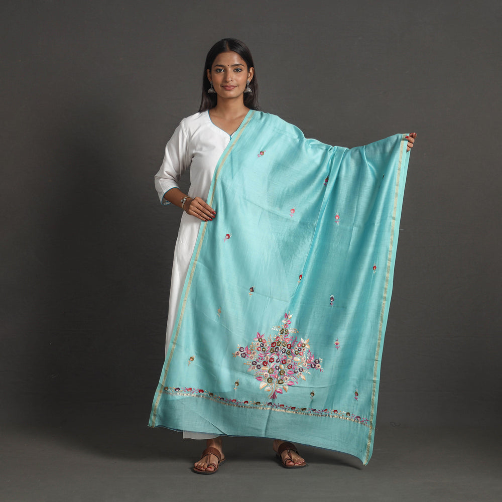 Blue - Handloom Chanderi Silk Kashida Embroidery Dupatta 03