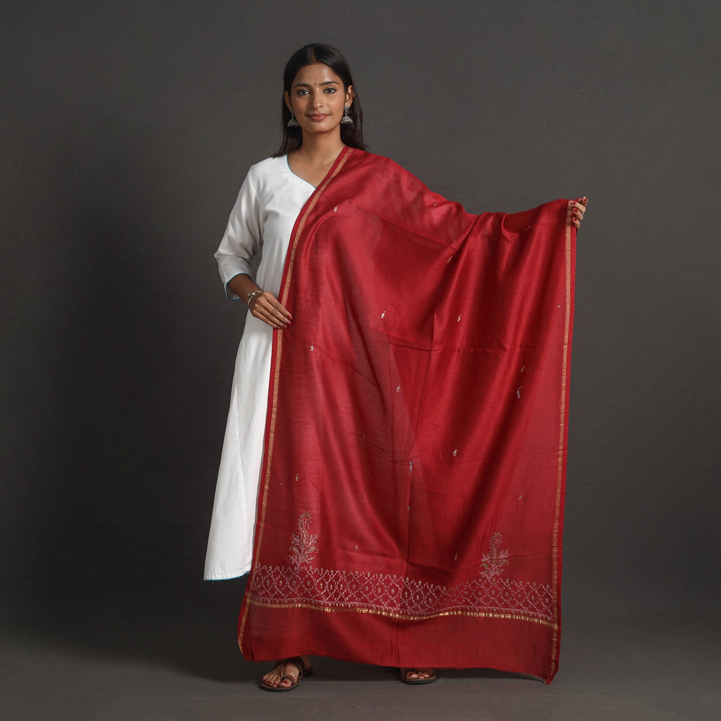 Red - Handloom Chanderi Silk Kashida Embroidery Dupatta 04