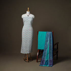 Sanganeri Block Print Cotton Unstitched Dress Material: Kurta, Bottom & Dupatta with Jewellery 44